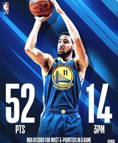 Klay Thompson bate recorde da NBA com 14 bolas de tr&ecirc;s em jogo