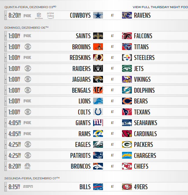 tabela da nfl semana 13