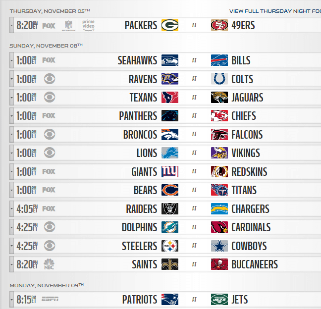 tabela da nfl semana 9