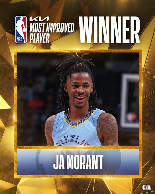 Ja Morant recebe pr&ecirc;mio de jogador que mais evoluiu na temporada
