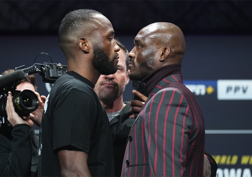 Leon Edwards vs Kamaru Usman na coletiva do UFC 286 (Foto: UFC/Divulgação/Twitter)