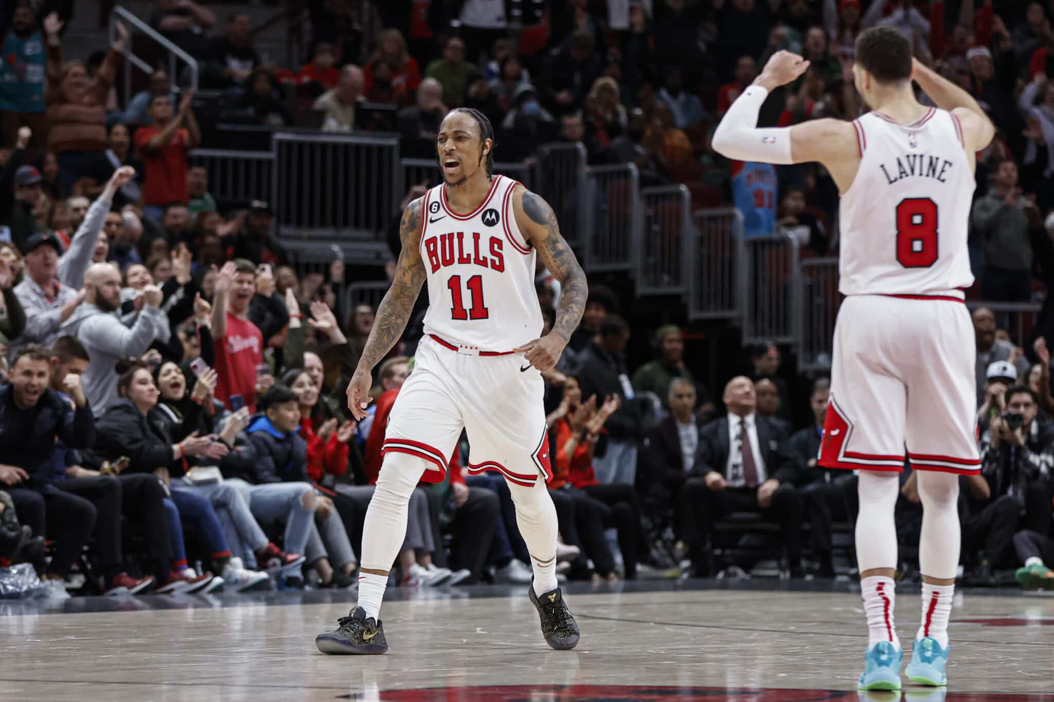 O ala do Chicago Bulls, DeMar DeRozan, comemora ap&oacute;s marcar contra o Minnesota Timberwolves. Cr&eacute;dito: SUSA/Icon Sport