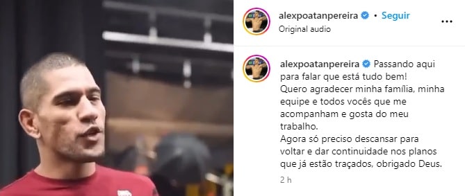 Alex Poatan se pronuncia no Instagram. Foto: Reprodução/Instagram/@alexpoatanpereira