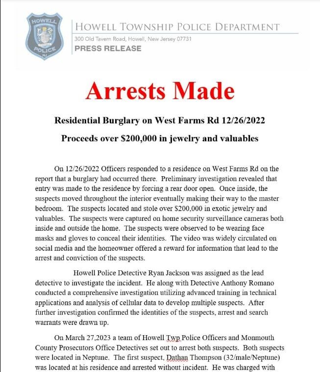 Comunicado policial sobre Karl Roberson, ex-UFC. Foto: Reprodu&ccedil;&atilde;o/Facebook/Howell Township Police Department