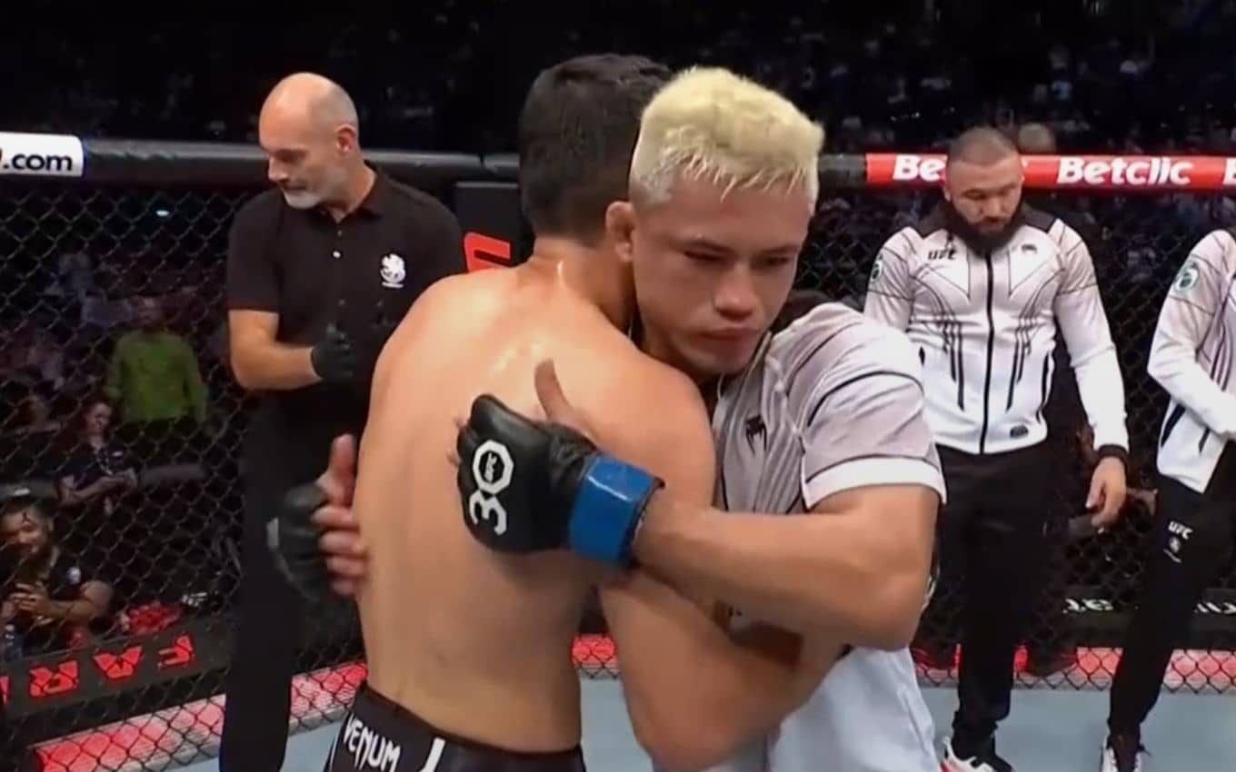 Farid Basharat e Kleydson Rodrigues se cumprimentam no UFC Paris. Foto: Reprodu&ccedil;&atilde;o/UFC Fight Pass