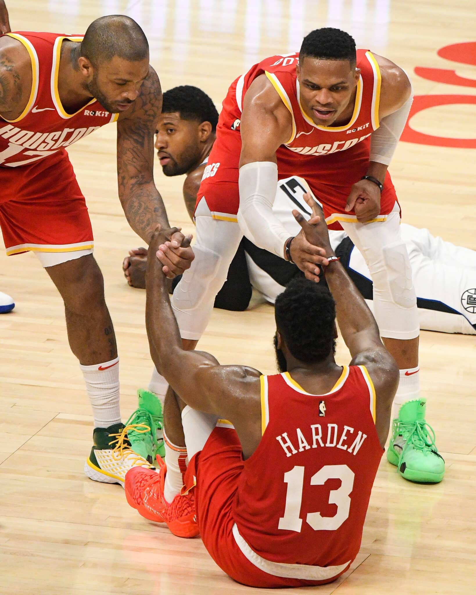 P.J. Tucker, Russell Westbrook e James Harden no Houston Rockets. Foto: Icon sport